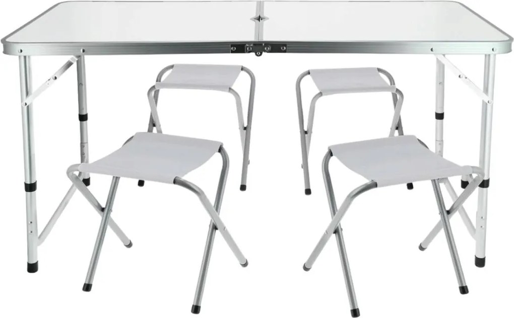 Set mobilier de camping pliabil, Jumi, alb, masă cu picioare reglabile și 4 tabureți