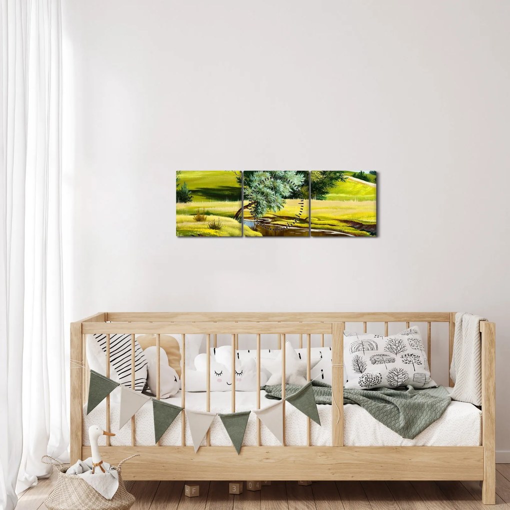 Tablou - Râu între câmpii, pictură în ulei (cu ceas) (90x30 cm)