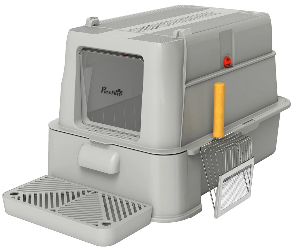 PawHut Litieră închisă pentru pisici de 80L cu tavă detașabilă, din ABS și oțel inoxidabil, 63x43x43 cm, gri deschis | Aosom Romania