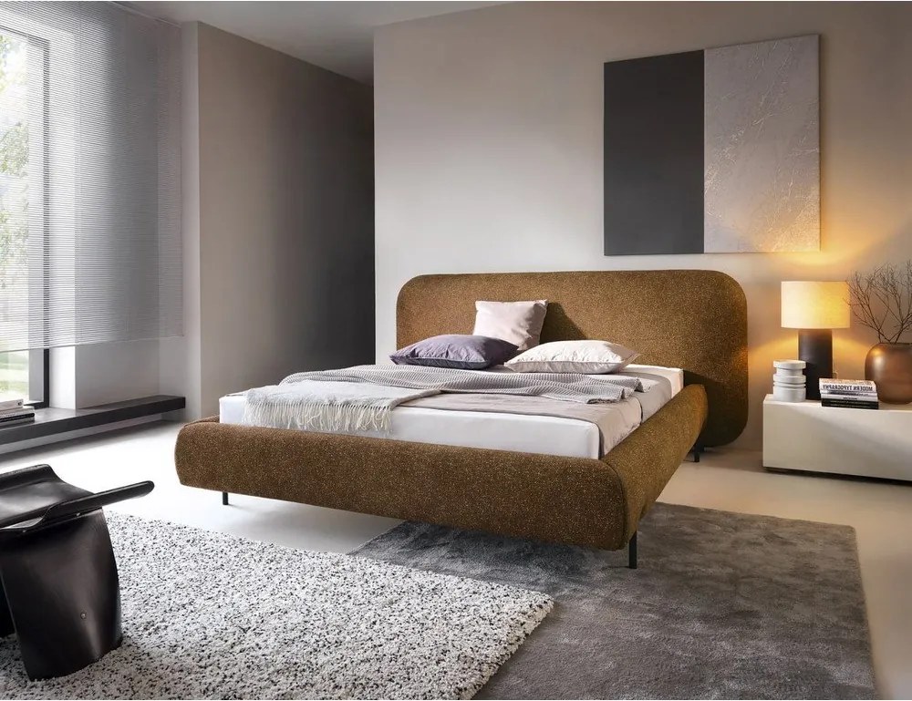 Pat matrimonial galben ocru tapițat cu spațiu de depozitare cu somieră 160x200 cm Pointt – ELTAP