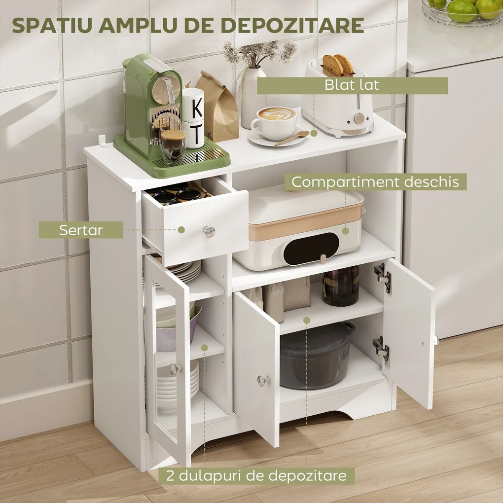 HOMCOM Credență Bufet cu Compartiment Deschis, Sertar, 3 Rafturi și Dulap cu 2 Uși, din Lemn, 80x30x82 cm, Alb | Aosom Romania