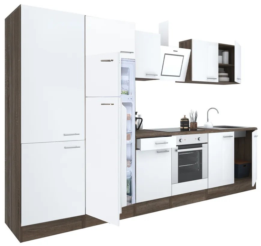 Mobilă de bucătărie Yorki 330, corp din stejar Yorki, față alb satinat cu element cuptor inferior, dulap cu rafturi și frigider cu congelator superior.