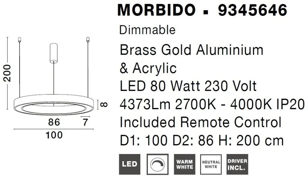 Pendul LED dimabil design modern MORBIDO alama auriu 100cm