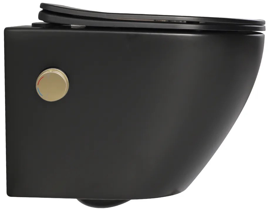 Vas wc suspendat cu functie bideu, negru mat, apa calda rece, rimless, baterie inclusa auriu mat Foglia Oslo Baterie auriu mat