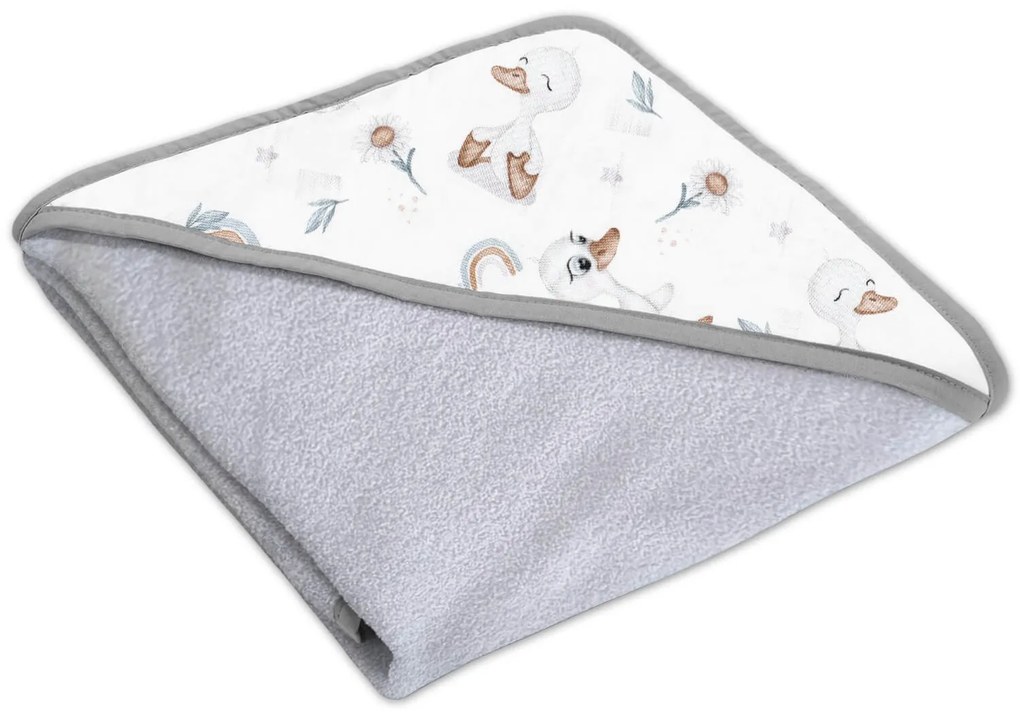 Prosop bebe din bumbac cu gluga 90x90 cm Kidizi Ducky, culoare gri, potrivit de la nastere pana la 2 ani