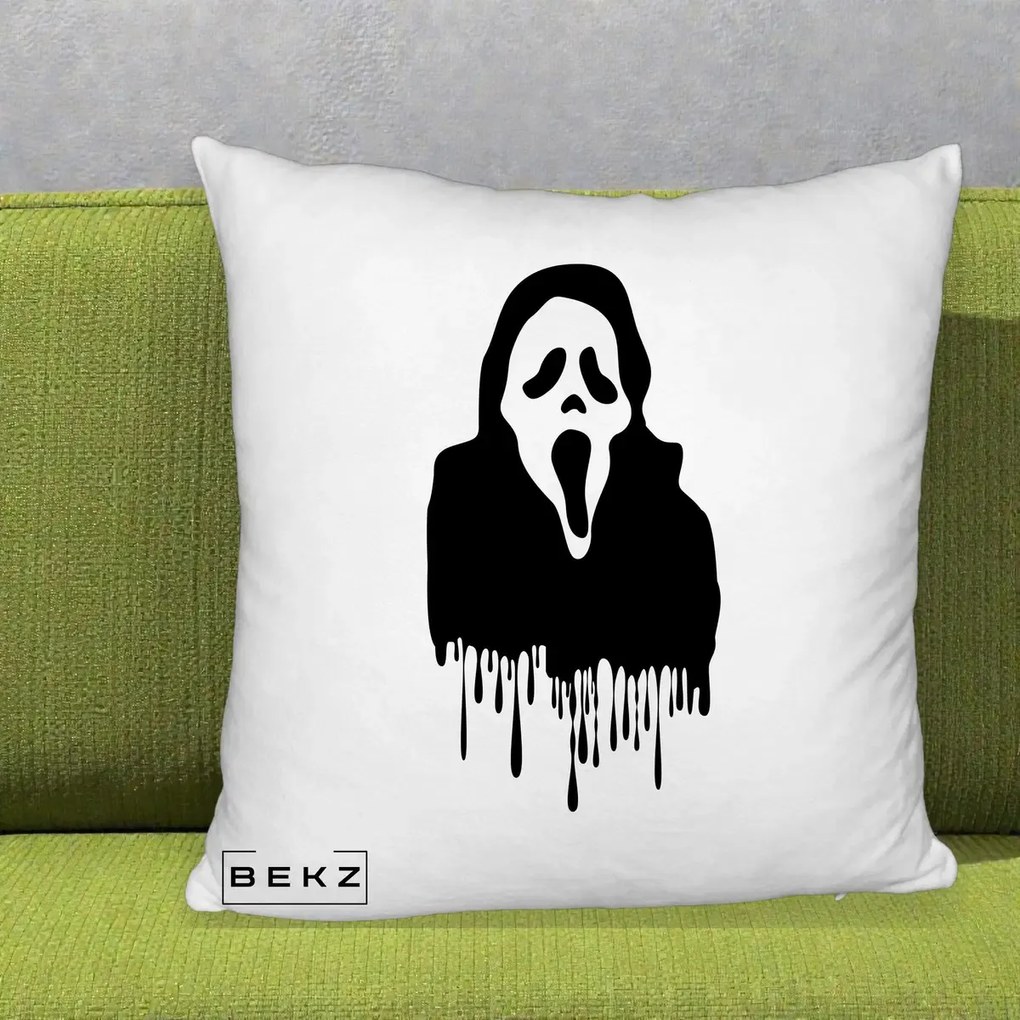 Perna Personalizata Halloween Ghostface Scream Picurand, 40x40 cm, Alb Pufos, Husa Detasabila, Perna Inclusa, BEKZ®