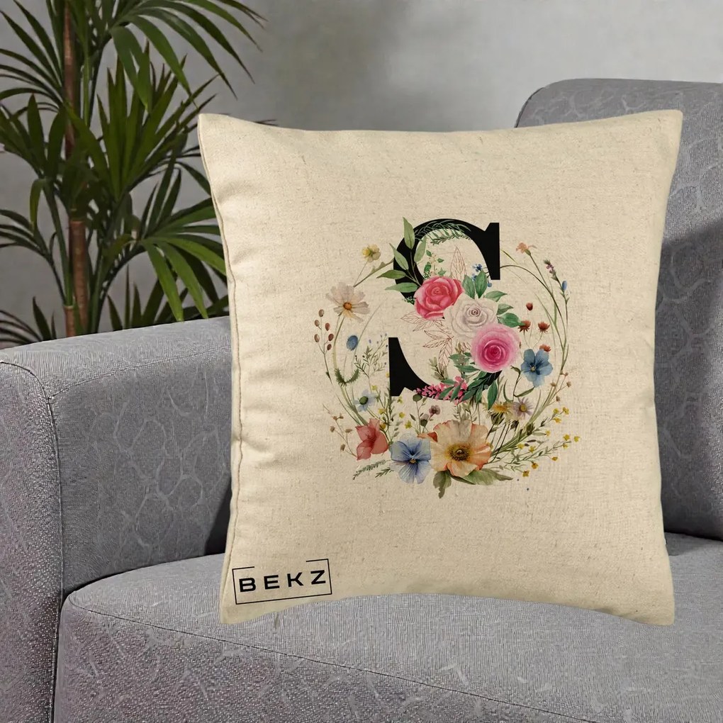 Cadou Personalizat - Perna Personalizata Monogram Litera S cu Flori Acuarela, 40x40 cm, Bej, Husa Detasabila, Perna Inclusa, BEKZ®