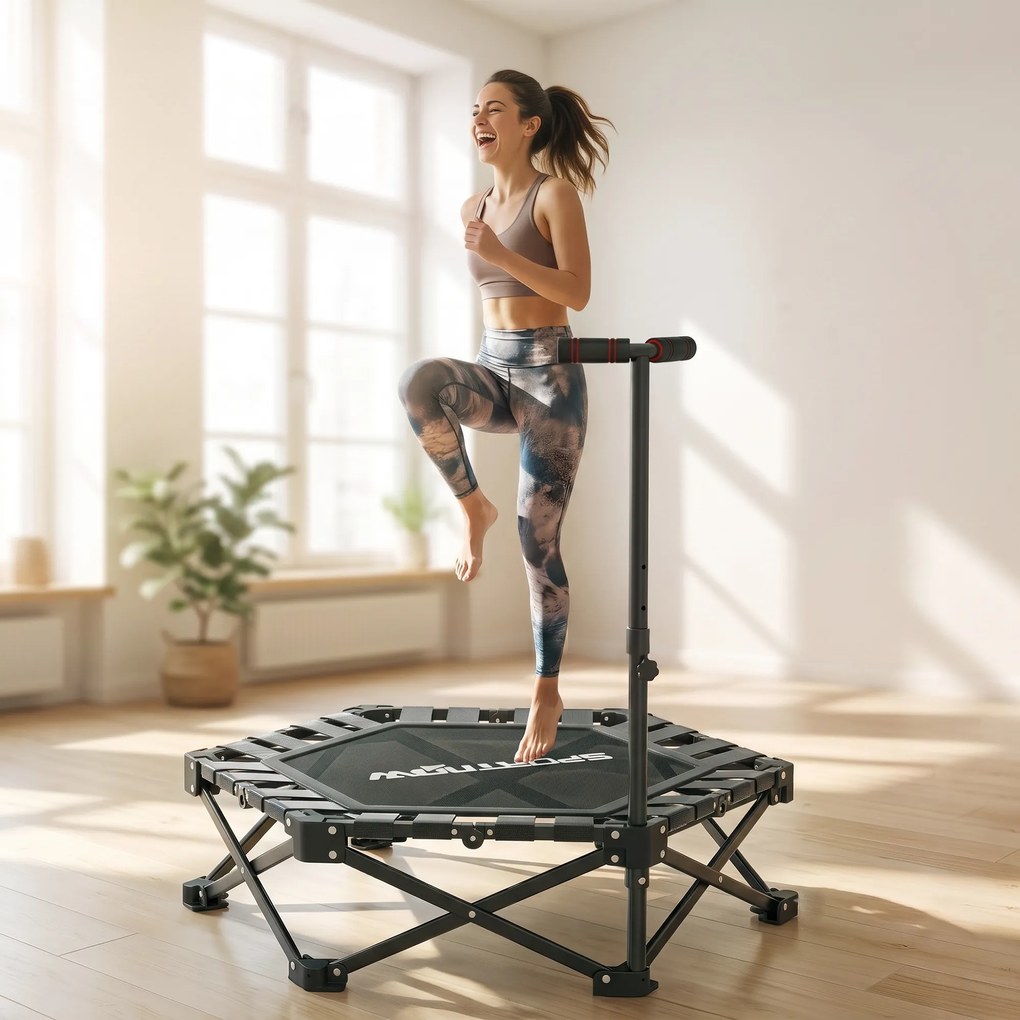 SPORTNOW Trambulină Fitness pentru Adulți Ø104 cm, Pliabilă, cu Sistem de Deschidere și Închidere dintr-o Singură Mișcare, Mâner Reglabil și 24 Corzi Elastice, Negru | Aosom Romania