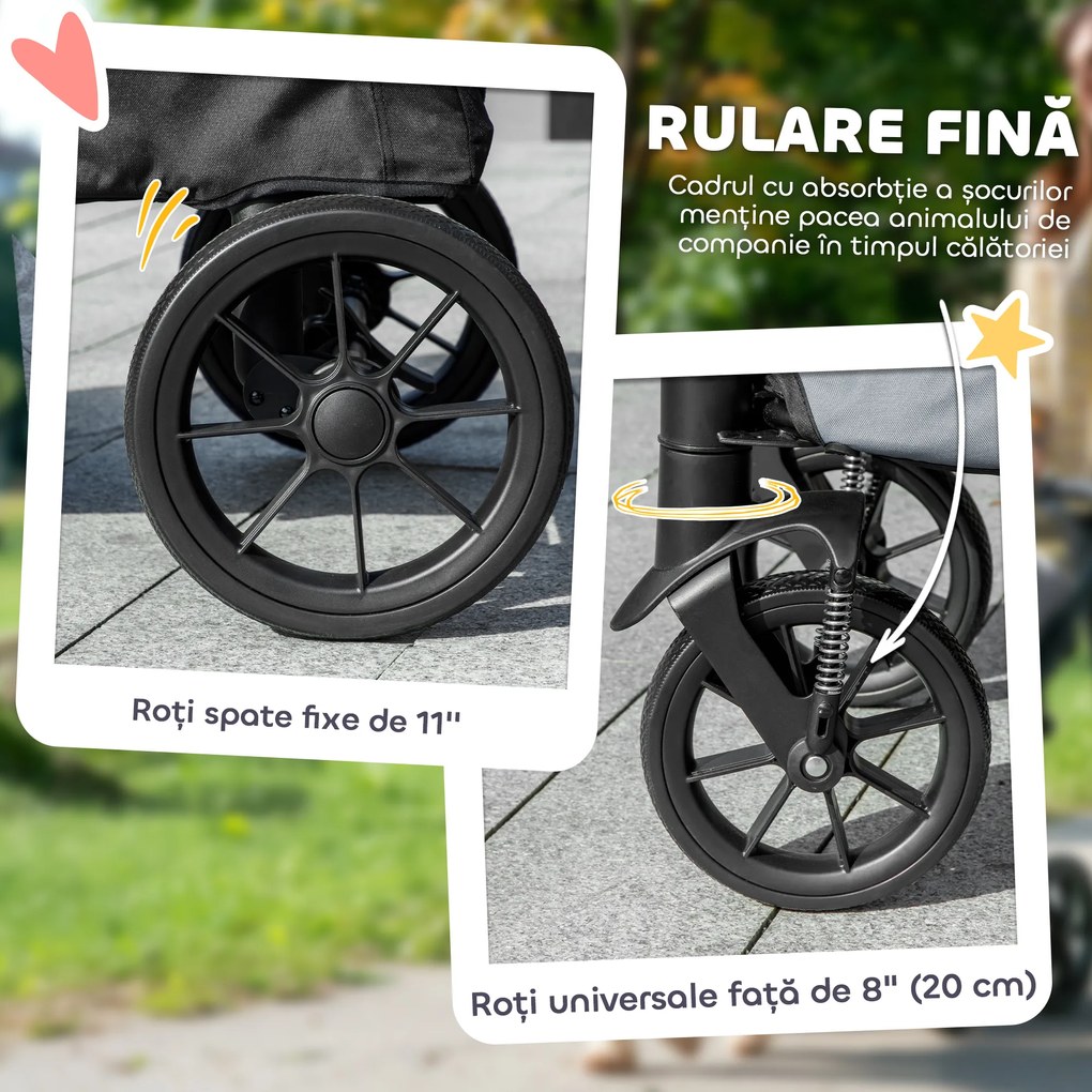 PawHut Cărucior Pliabil pentru Câini de Talie Mare cu Roți Detașabile, Pernă și Lese de Siguranță, 124x67x100 cm, Gri | Aosom Romania