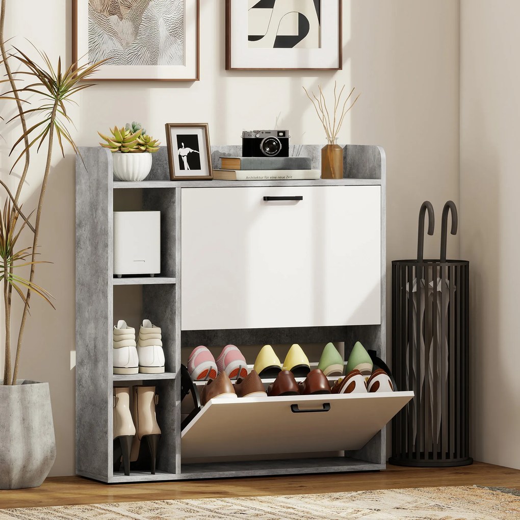 HOMCOM Dulap pentru pantofi slim cu 2 sertare rabatabile, Capacitate 15 perechi de pantofi, 83x24x90.5 cm, Gri | Aosom Romania