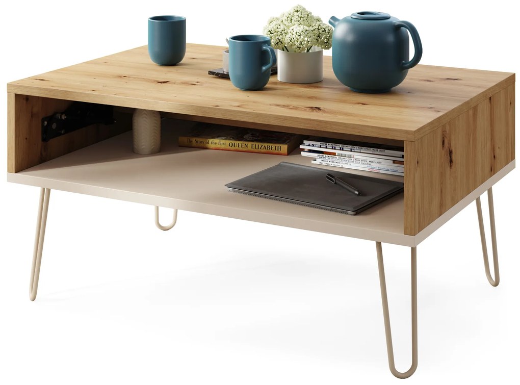 Mazzoni HAIRPIN S-90 Stejar Artisan/Bej (Șampanie) - MASĂ DE CAFEA MODERNĂ MASĂ CU BLAT RIDICAT + COMPARTIMENT + RAFT