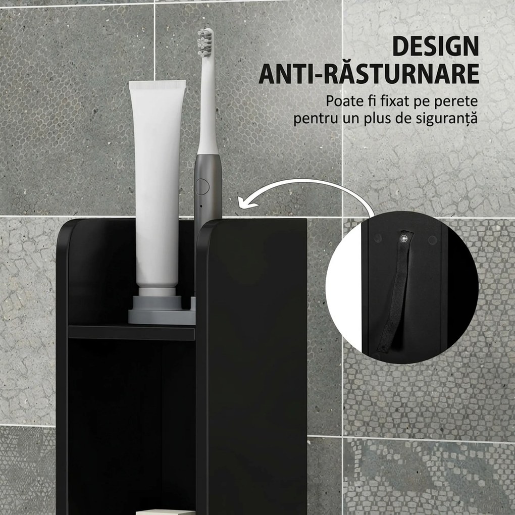 Kleankin Dulap Înalt de Baie cu Rafturi și Dulapuri, Mobilier Baie Înalt Spațiu de Depozitare, din Lemn, 15x17x120 cm, Negru | Aosom Romania