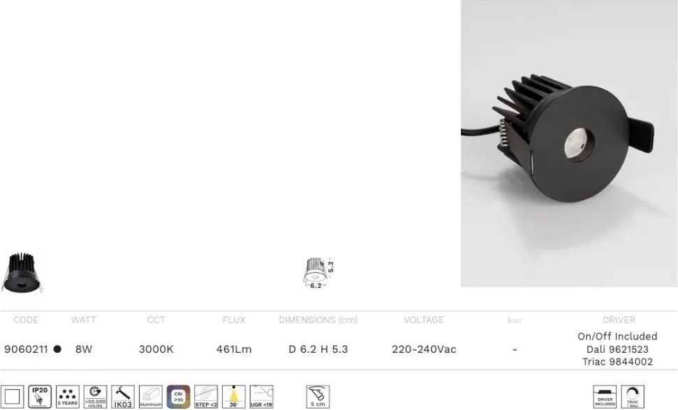 Spot incastrabil LED 8W 3000K ONO negru