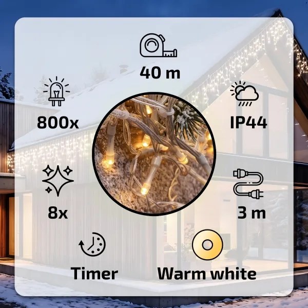 BRILAGI - Instalație luminoasă LED de exterior pentru Crăciun, 800 LED/8 funcții, 43 m, IP44, alb cald, cu țurțuri