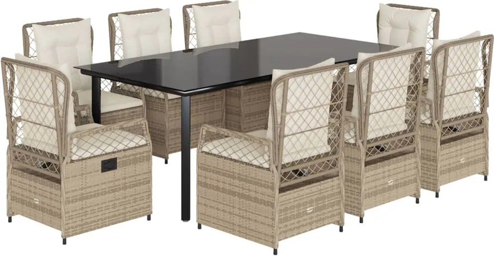 vidaXL Set de masă pentru grădină, 9 piese, cu perne, bej, poliratan