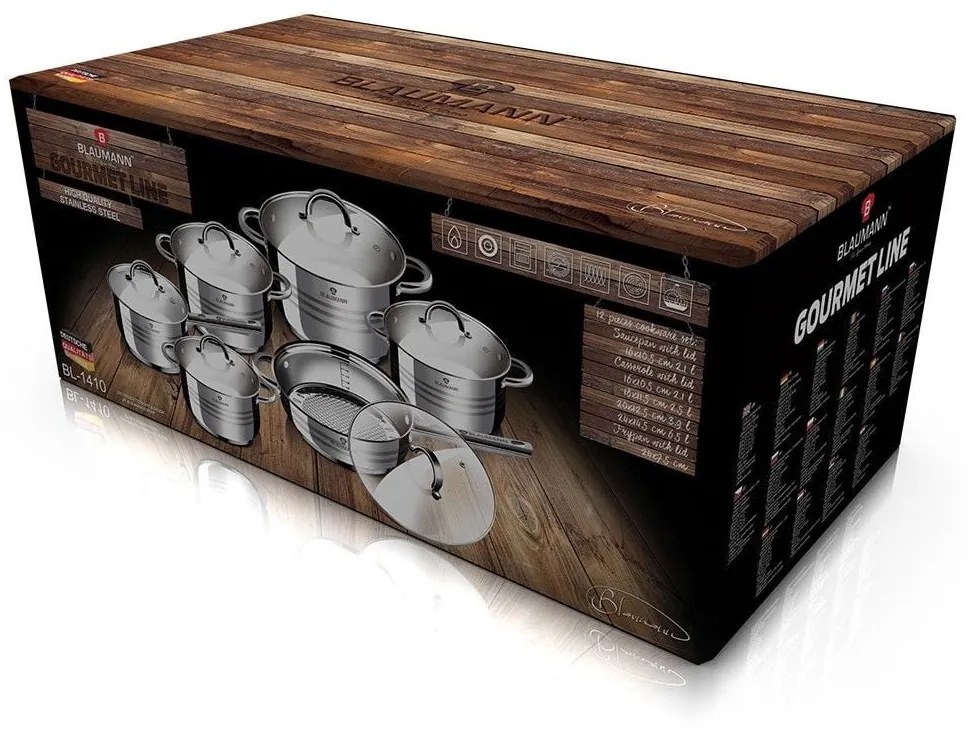 Set oale si tigaie inox 12 piese cu capace de sticla, de calitate, gatire sanatoasa,  Gourmet Line Blaumann BL 1410