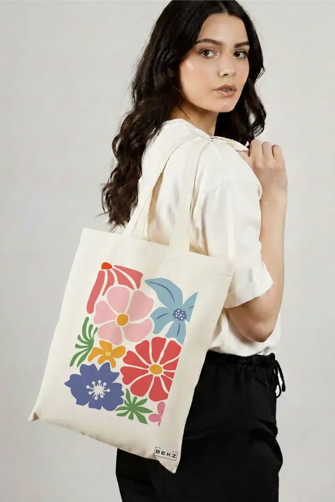 Sacosa de Panza pentru Cumparaturi, Geanta Tote Boho Style 15, 38x34.5 cm, Alba, BEKZ®