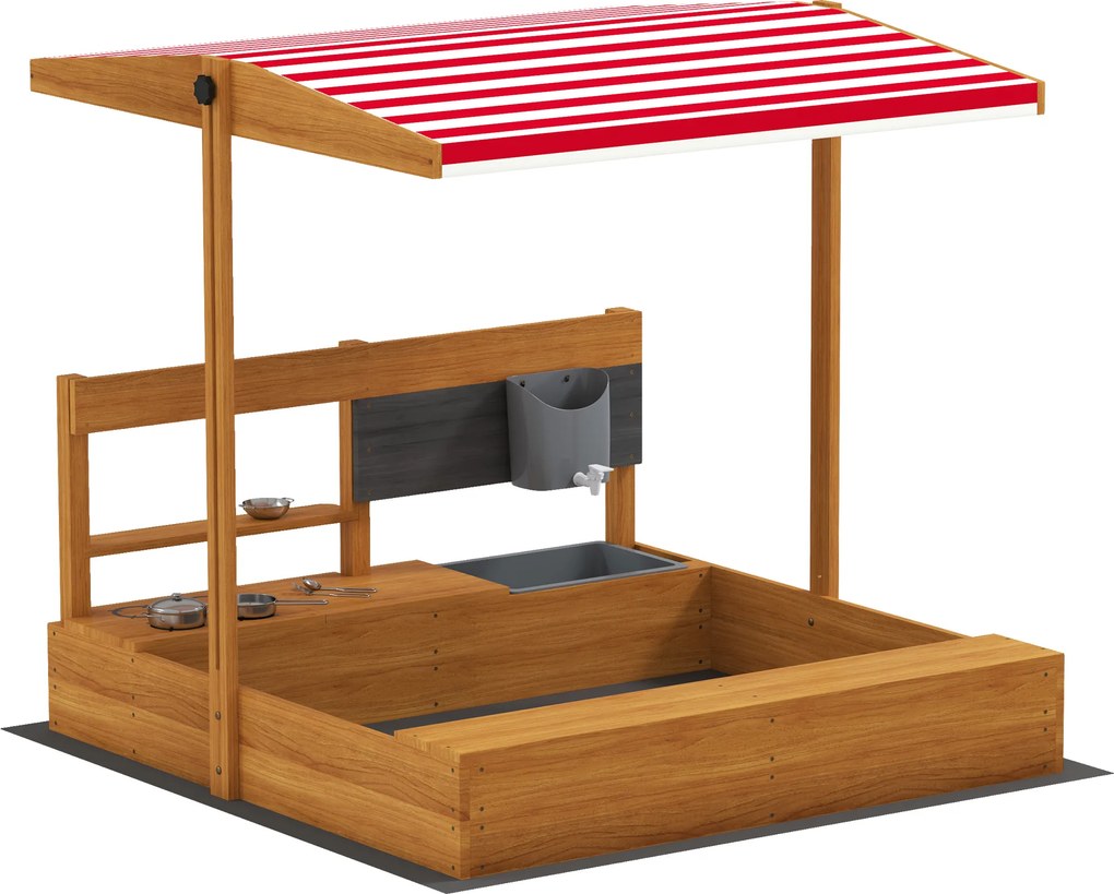 Outsunny Nisipar din lemn pentru copii cu copertină reglabilă și jucării de bucătărie Juego para Niños 3-7 Años 114x110x110 cm Maro | Aosom Romania
