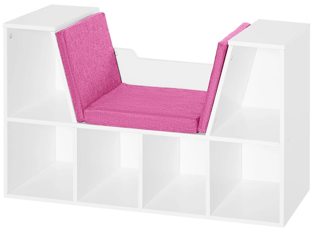 HOMCOM Bibliotecă Banc 2 în 1 Design Contemporan 6 casete 3 Perne incluse 102L x 30l x 61H cm Alb Roz | Aosom Romania