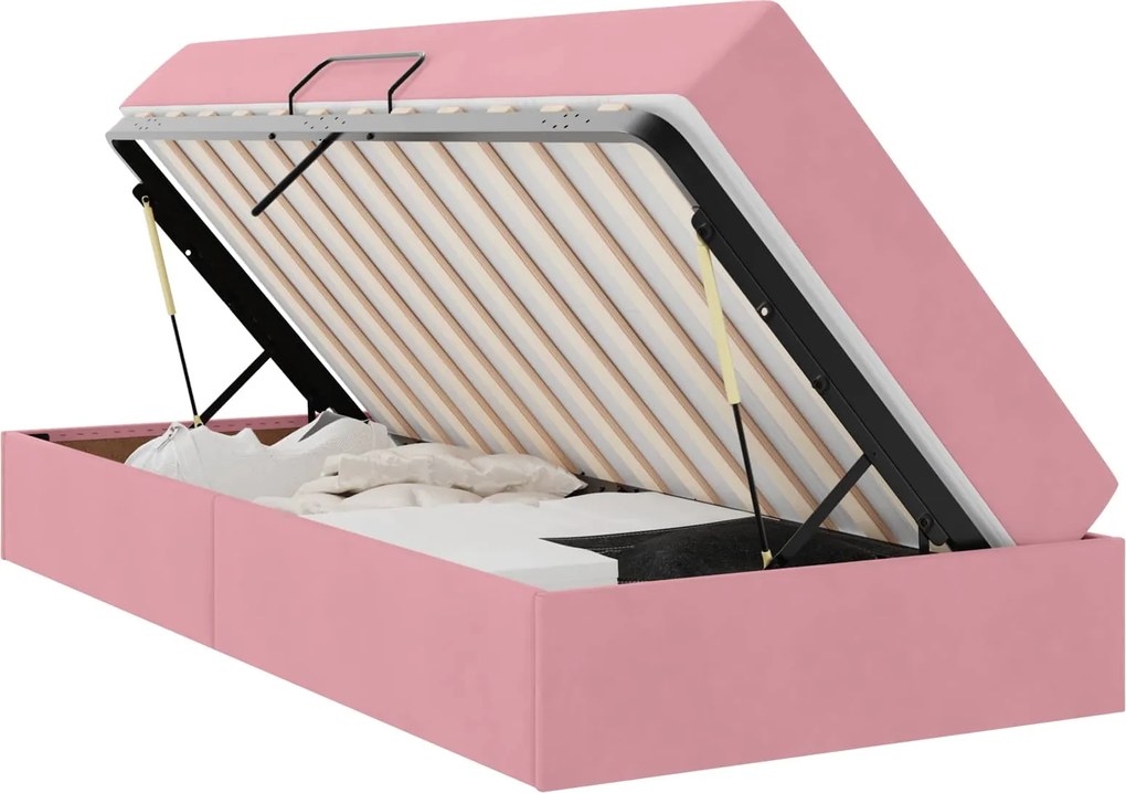 vidaXL Pat cu saltea și spațiu de depozitare Roz 90 x 200 cm Catifea