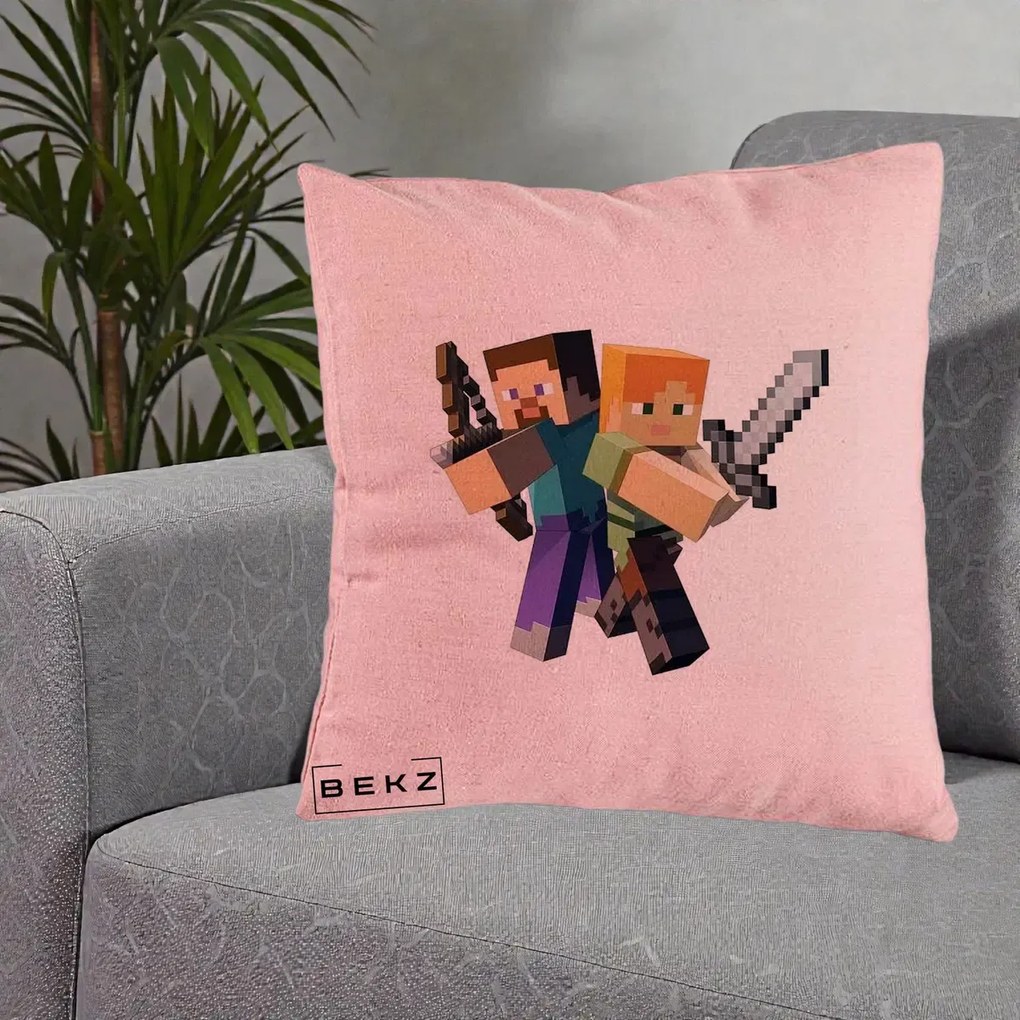 Perna Personalizata Minecraft Steve si Alex, 40x40 cm, Roz, Husa Detasabila, Perna Inclusa, BEKZ®