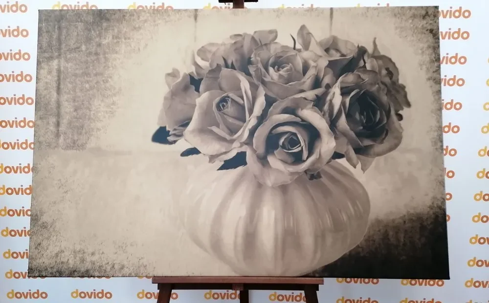 Tablou trandafiri în vază în design sepia