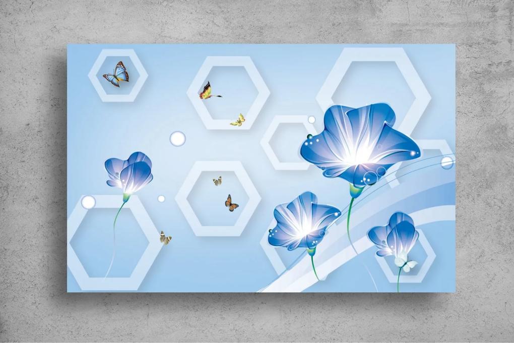 Tapet Premium Canvas - Flori albastre fluturi si hexagoane 3d abstract