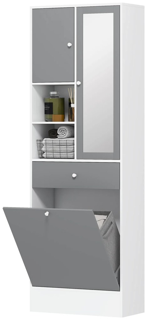 HOMCOM Mobila de baie cu cos de rufe si oglinda raft ajustabil 62 x 28,3 x 181 cm gri si alb | Aosom Romania