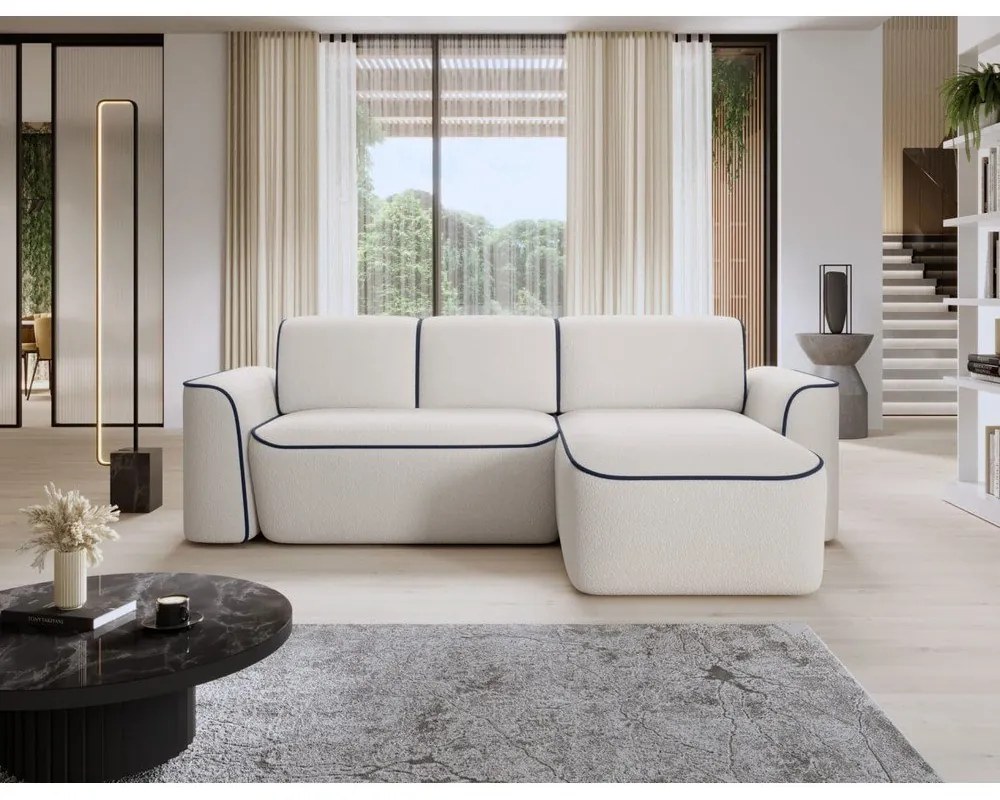 Colțar albastru/crem cu tapițerie din țesătură bouclé (cu colț pe partea dreaptă/cu șezlong) Ume – ELTAP