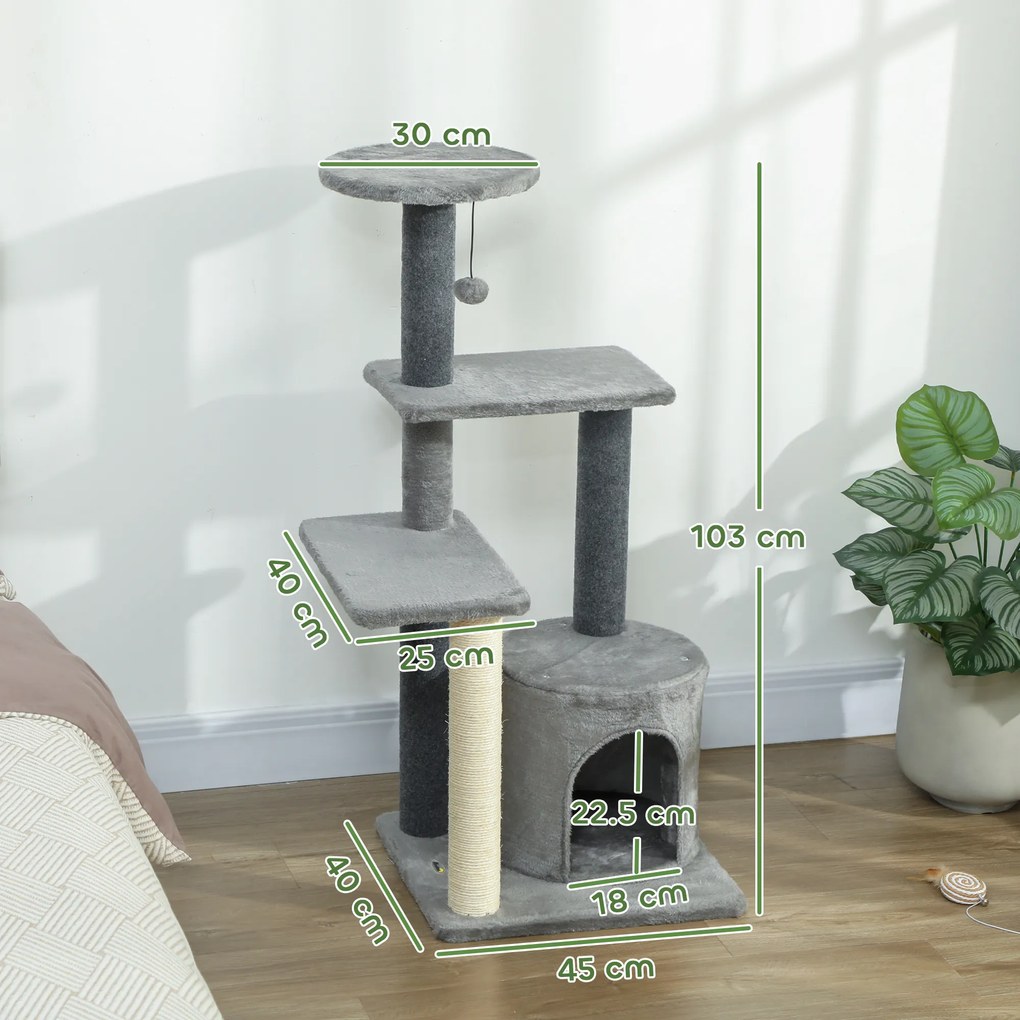 PawHut Ansamblu de joacă pentru pisici, multe niveluri cu stâlpi de sisal și Căsuță, 104cm,  Gri | Aosom Romania