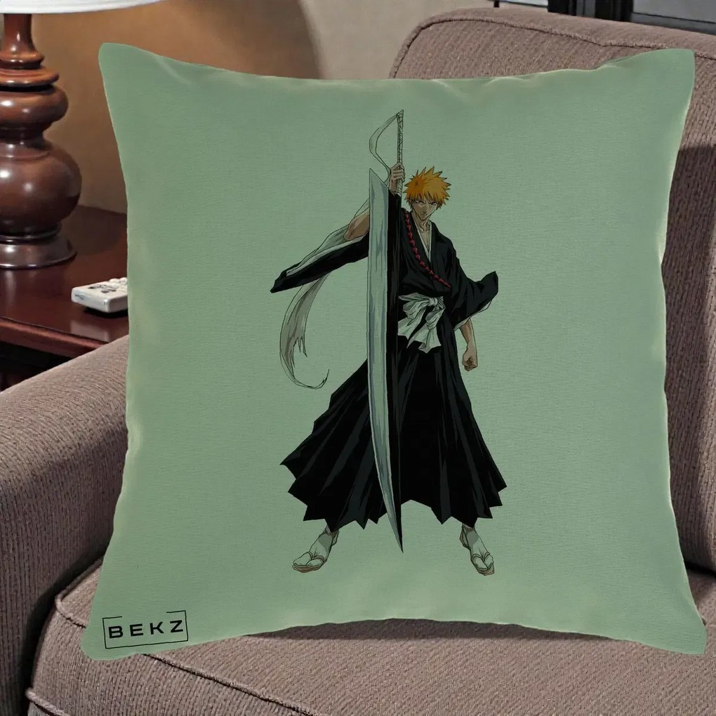 Perna Personalizata Bleach Ichigo Kurosaki Zangetsu, 40x40 cm, Verde, Husa Detasabila, Perna Inclusa, BEKZ®