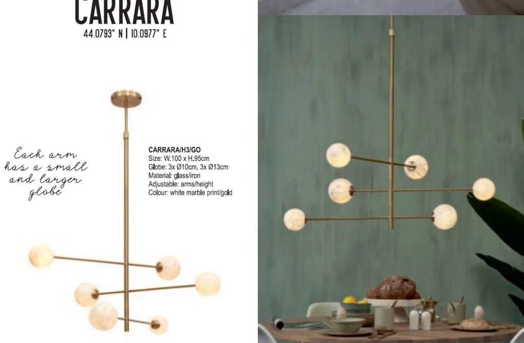 Lustra cu 6 globuri din sticla cu aspect de marmura Carrara auriu