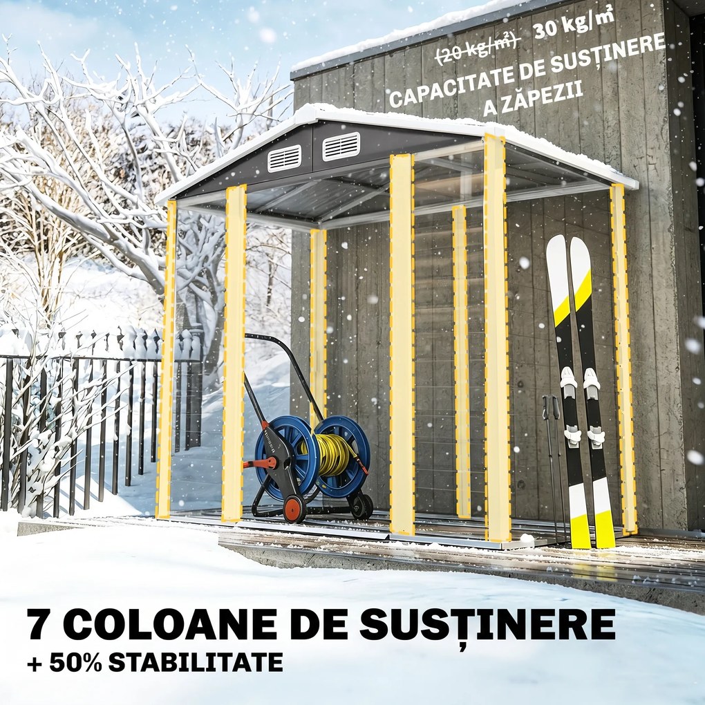 Outsunny Magazie de Grădină din Tablă de Oțel cu 4 Orificii de Ventilație și 2 Uși Glisante, 213x120x194 cm, Gri Închis | Aosom Romania