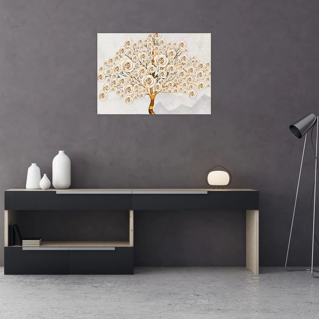 Tablou pe sticlă cu copac cu flori (70x50 cm)