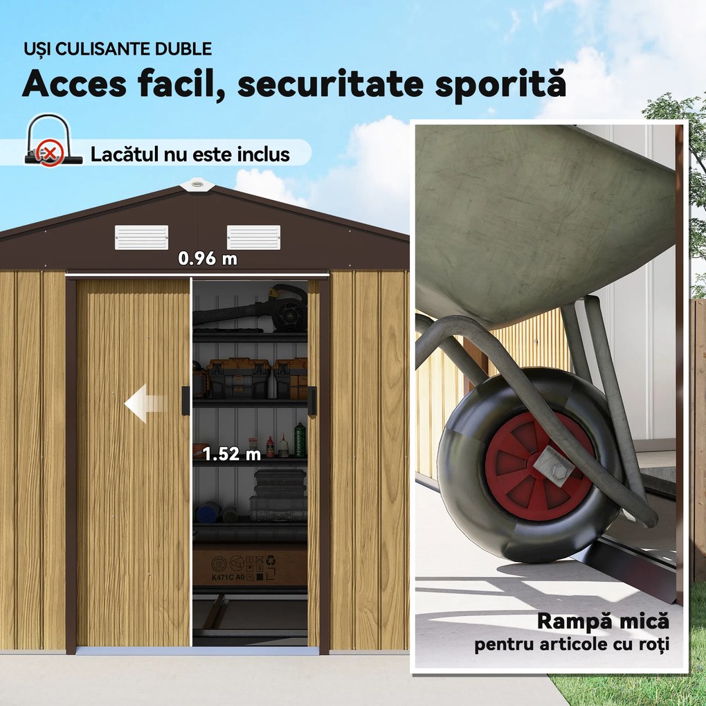 Outsunny Magazie de grădină 4,9 m² din oțel, cu ușă dublă glisantă și acoperiș înclinat, maro deschis | Aosom Romania