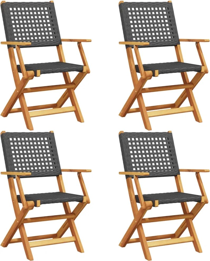 vidaXL Scaune grădină pliabile 4 buc., negru, poliratan și lemn masiv