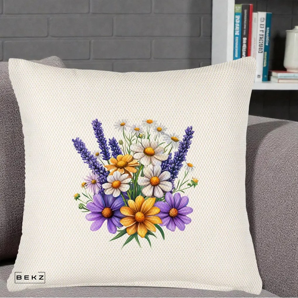 Perna Decorativa Lavanda Musetel si Flori Mov, 40x40 cm, Crem Reliefat, Husa Detasabila, Perna Inclusa, BEKZ®