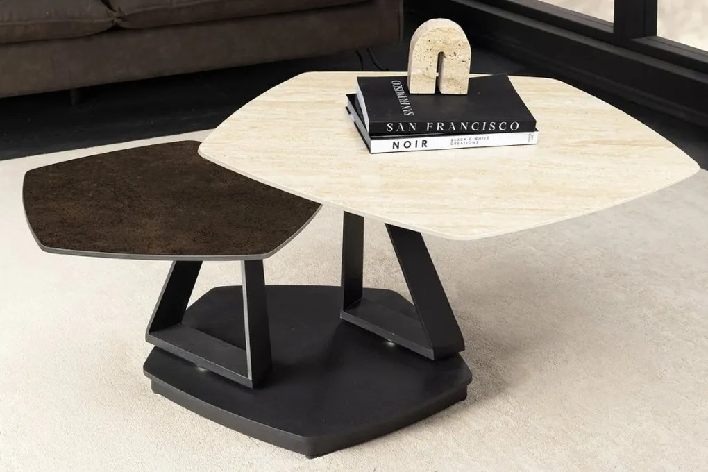 Masuta de cafea moderna cu doua blaturi rotative din ceramica Movement 80-130cm