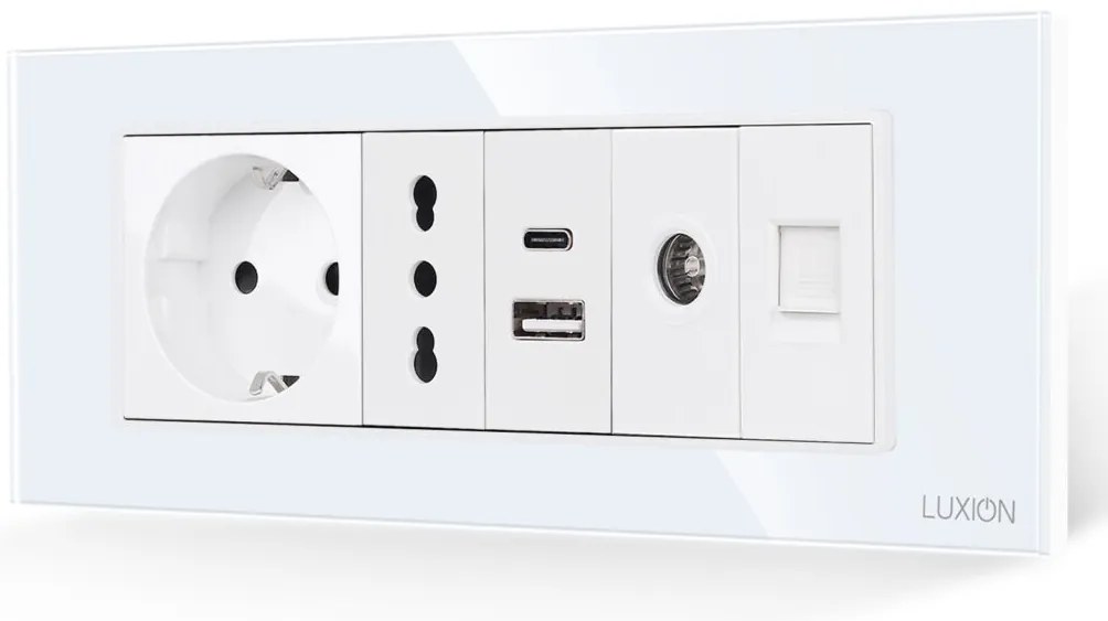 Priza Schuko + Ingusta + Dubla USB + TV + Internet cu Rama Din Sticla LUXION, Standard Italian, 6M
