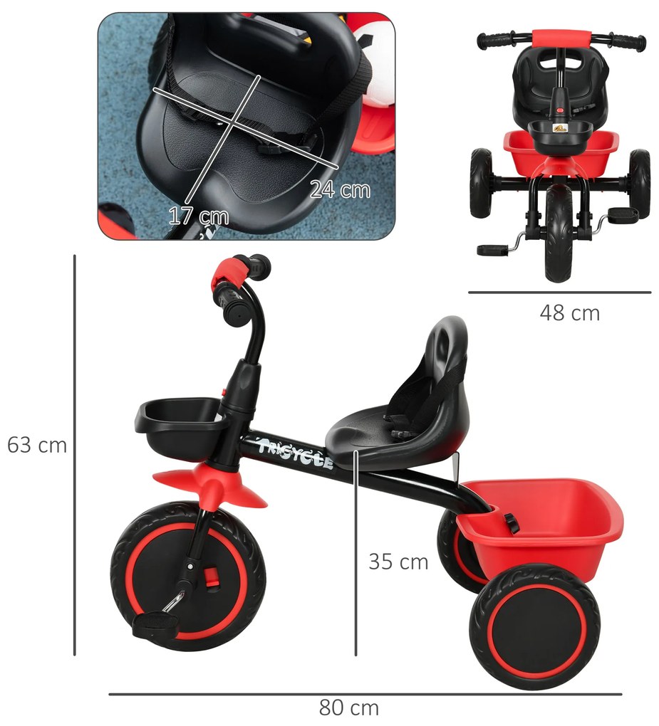 AIYAPLAY Tricicletă pentru copii evolutivă cu scaun reglabil, pedale, 2 coșuri, centură pentru copii de 2 până la 5 ani roșu și negru | Aosom Romania
