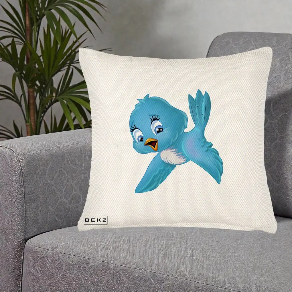 Perna Decorativa Pui de Pasare Albastru, 40x40 cm, Crem Reliefat, Husa Detasabila, Perna Inclusa, BEKZ®