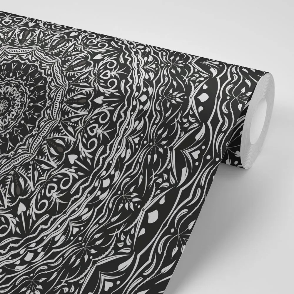Tapet Mandala în stil vintage în alb-negru