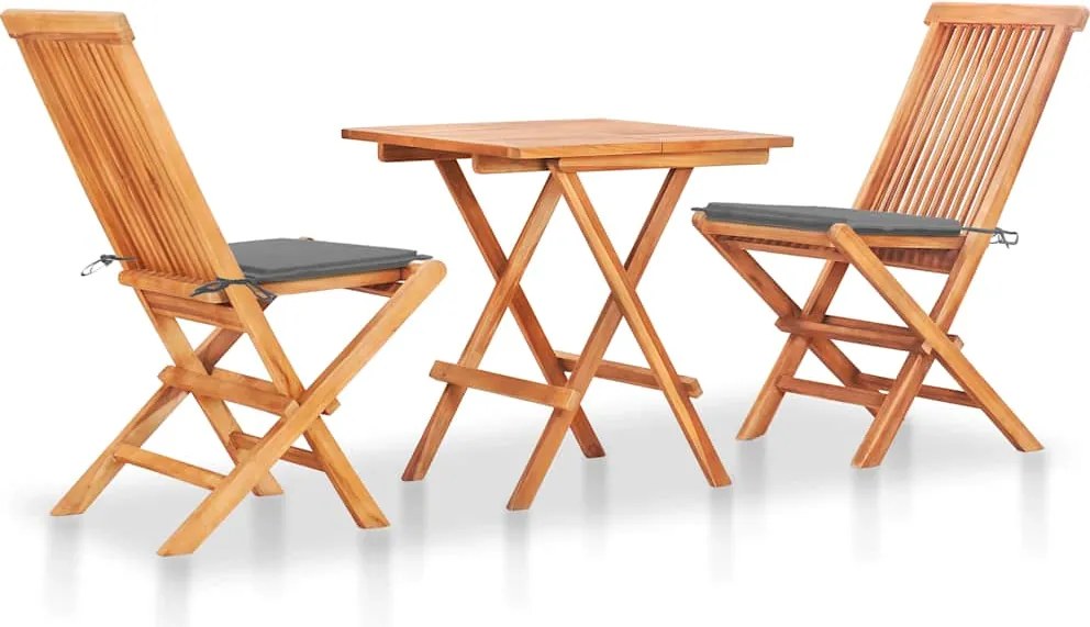 vidaXL Set mobilier de bistro cu perne gri, 3 piese, lemn masiv de tec