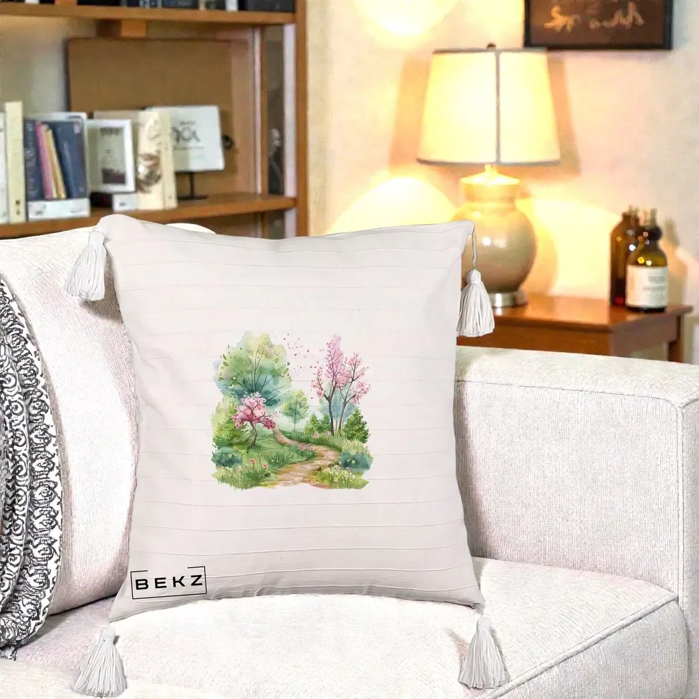 Perna Decorativa Gradina Primavara Acuarela, 40x40 cm, Bej cu Franjuri, Husa Detasabila, Perna Inclusa, BEKZ®