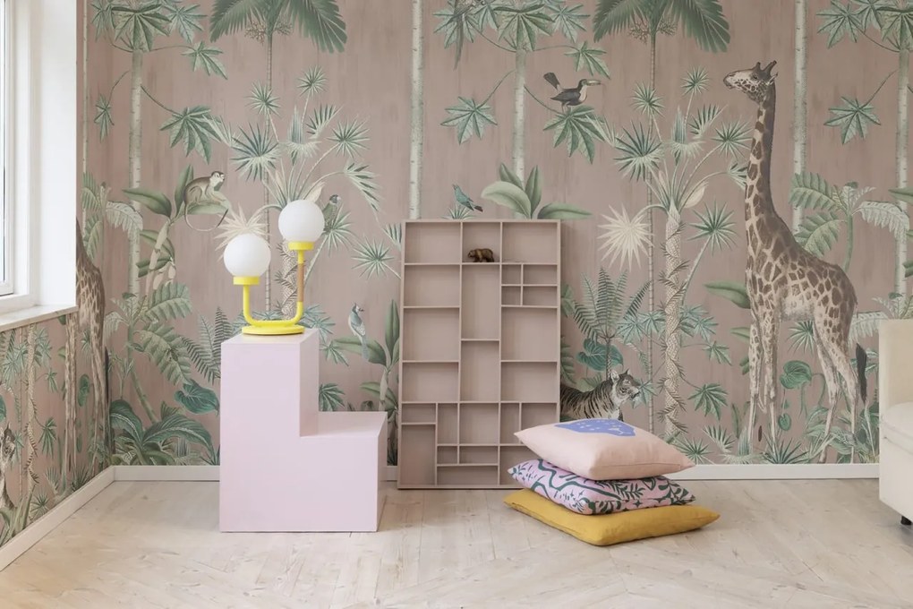 Fototapet, Giraffe's Stroll, Pink, Rebel Walls