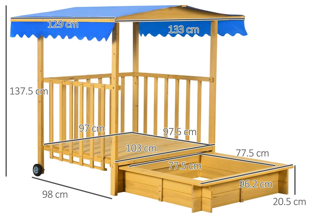 Outsunny Nisipar Nisipar cu Casa de Joaca Nisipar cu Acoperis, 133 x 129 x 137, 5 cm, Lemn + Albastru | Aosom Romania