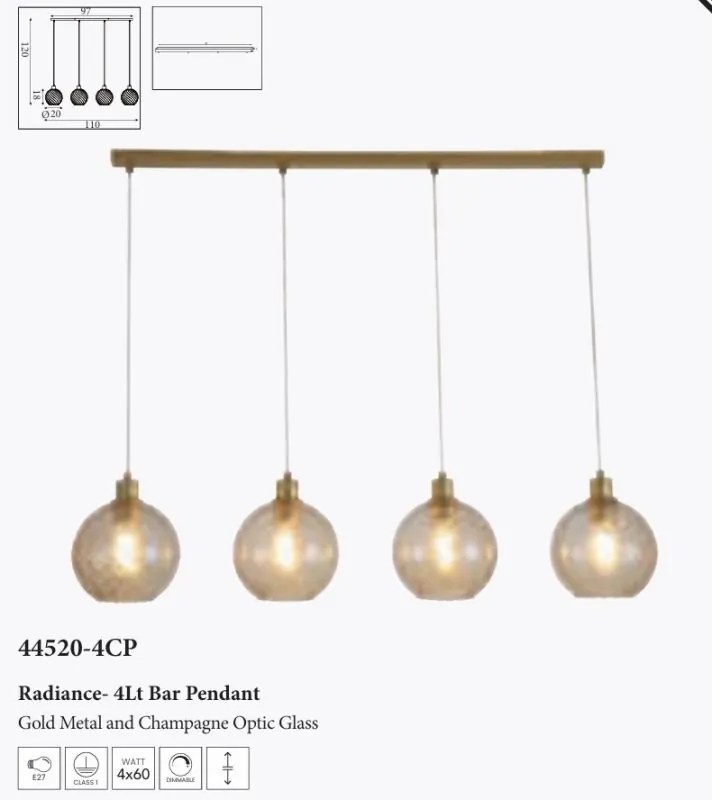 Lustra cu 4 pendule metal auriu, sticla champanie Radiance