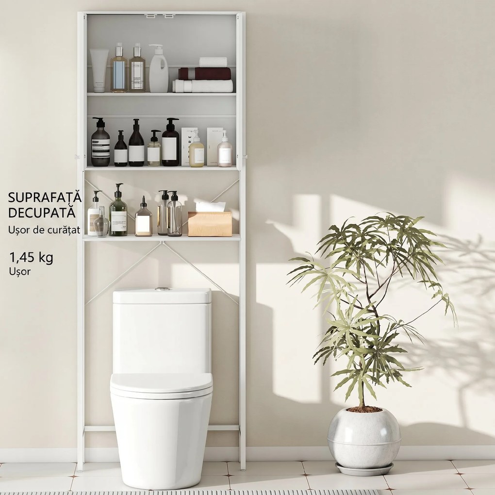 Mobilier HOMCOM pentru Baie Deasupra WC-ului cu Dulap și Raft Deschis, Mobilier Salvaspazio cu Picioare din Metal pentru Baie și Spălătorie, 64x20x180 cm, Alb | Aosom Romania