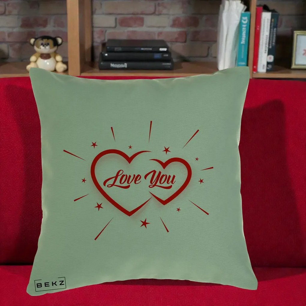 Cadou Romantic - Perna Personalizata Love You Doua Inimi, 40x40 cm, Verde, Husa Detasabila, Perna Inclusa, BEKZ®