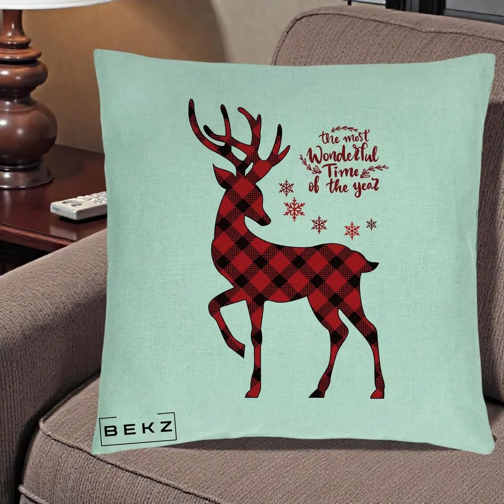 Perna Decorativa Ren Buffalo Plaid Craciun, 40x40 cm, Verde Menta, Husa Detasabila, Perna Inclusa, BEKZ®